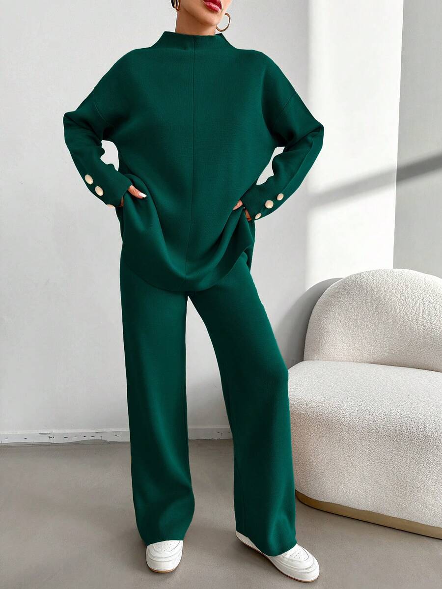 EURMUSE 2pcs Women Winter Casual Solid Color Drop Shoulder Sweater And Ankle Length Pants Set - Dark Green - View 1