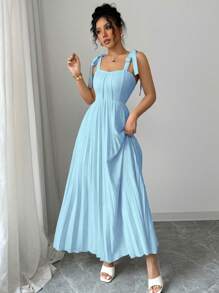 Elenzga Elegant Tie Bow Pleat Swing Women's Dress, Graceful Design For Spring & Summer - Blue - View 3