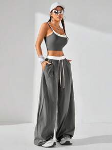 Coolane Conjunto de 2 piezas de moda para mujer, top y pantalones de 2 en 1 con empalmes de color contrastante, apropiado para usar de manera informal en primavera y verano