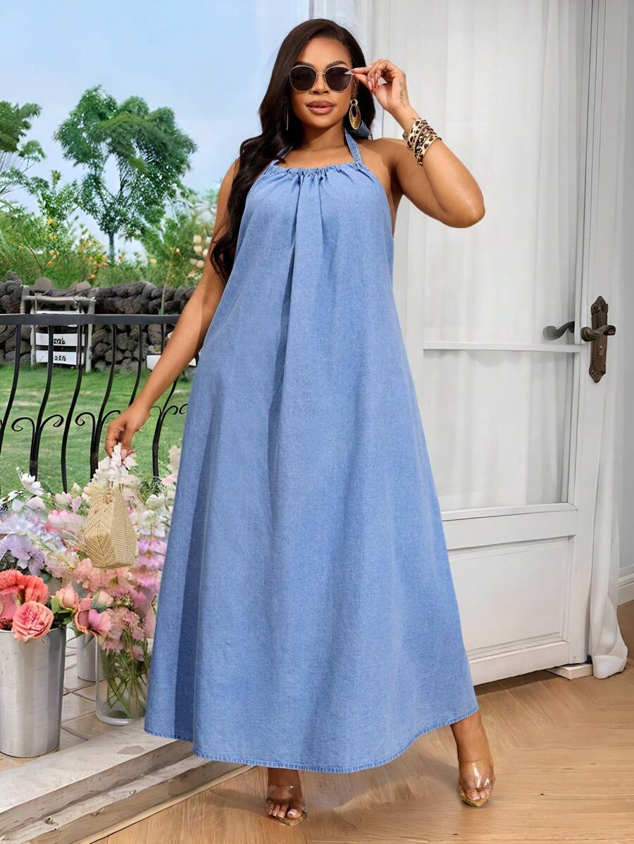 SHEIN SXY Plus Size Back Tie Ruched Sleeveless Casual Denim Sexy Dress Plus Size Summer Dresses Vacation Summer Outfit - Blue - View 1