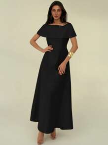 Aloruh Elegant Minimalist Apricot Off-Shoulder Dress With Flowy, Slimming - Black - View 4