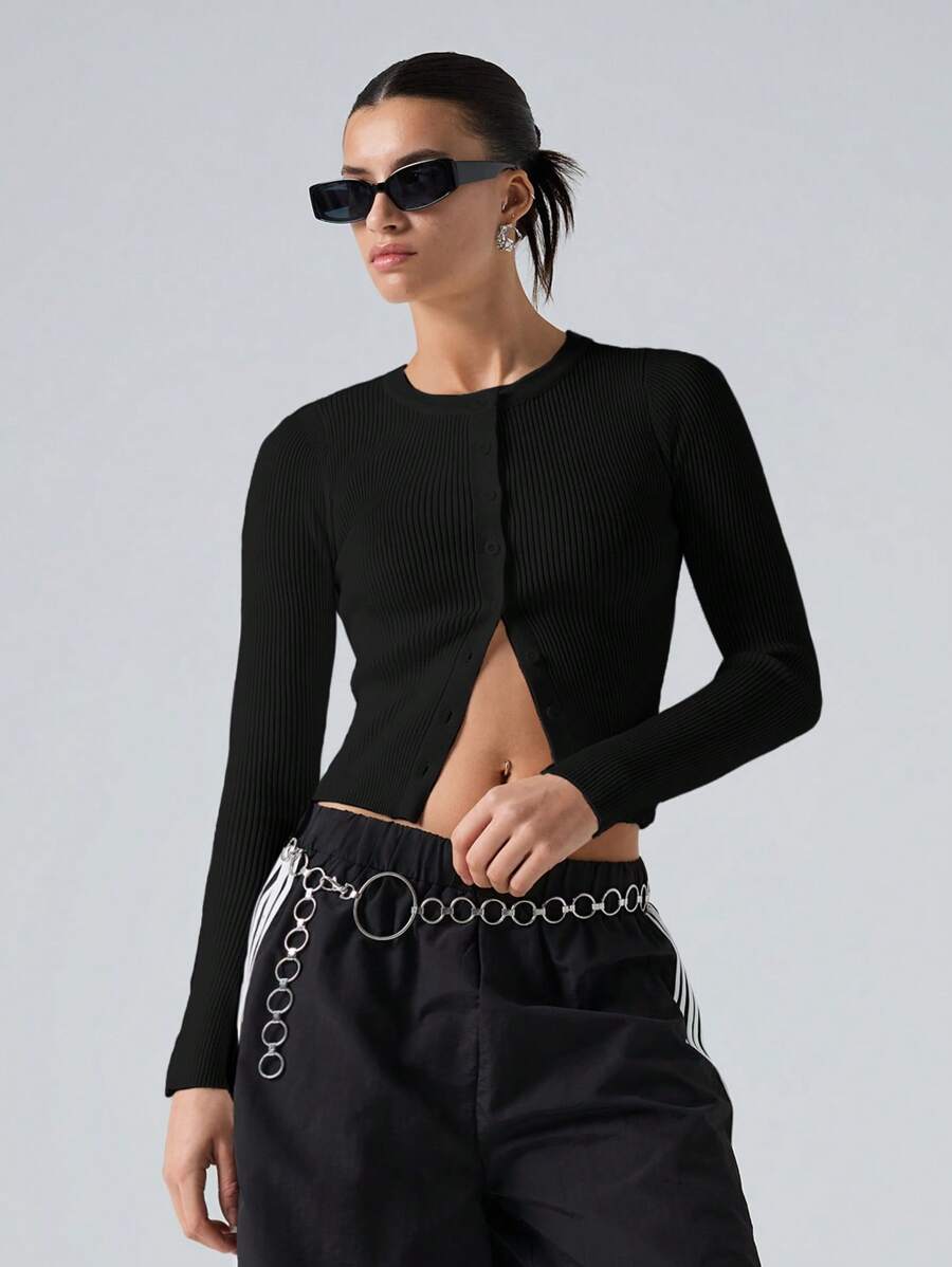 LYSMO Femmes Pull court ajusté à boutons devant de couleur unie, automne, Top à manches longues