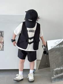 Young Boys Buy Two Get One Free T-Shirt 3 Packs Young Boys Leisure Sports College Artistic Style Retro Japanese And Korean Loose Version With Work Vest And Basic Round Neck T-Shirt And Work Shorts Set