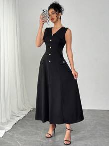 Modelyn Đầm dài cổ đứng thanh lịch cho nữ - màu đen - Xem 6