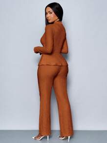 SOLERSUN Women's Apricot Color Elegant V Neck Long Sleeve T-Shirt And Wide Leg Pants Two Pieces Set, Asymmetrical Hem Two Pieces Outfits, Casual Daily Wear, Winter Clothes For Women Fall Cloth For Women - Brown - View 2