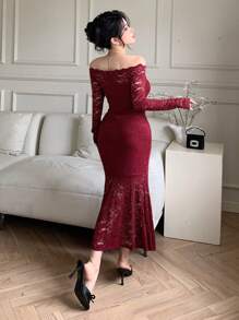 xheDAZY Vestido formal largo de mujer con encaje y parches, elegante, con volantes, vestido largo de manga larga y hombros descubiertos para otoñoxhe - Burdeos - Ver 4