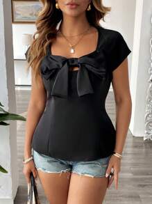 SHEIN Clasi Plus Size Women's Elegant Commuter Sweetheart Neck Front Satin Bow Decor Splice Short Sleeve Blouse, Spring/Summer - Black - View 1