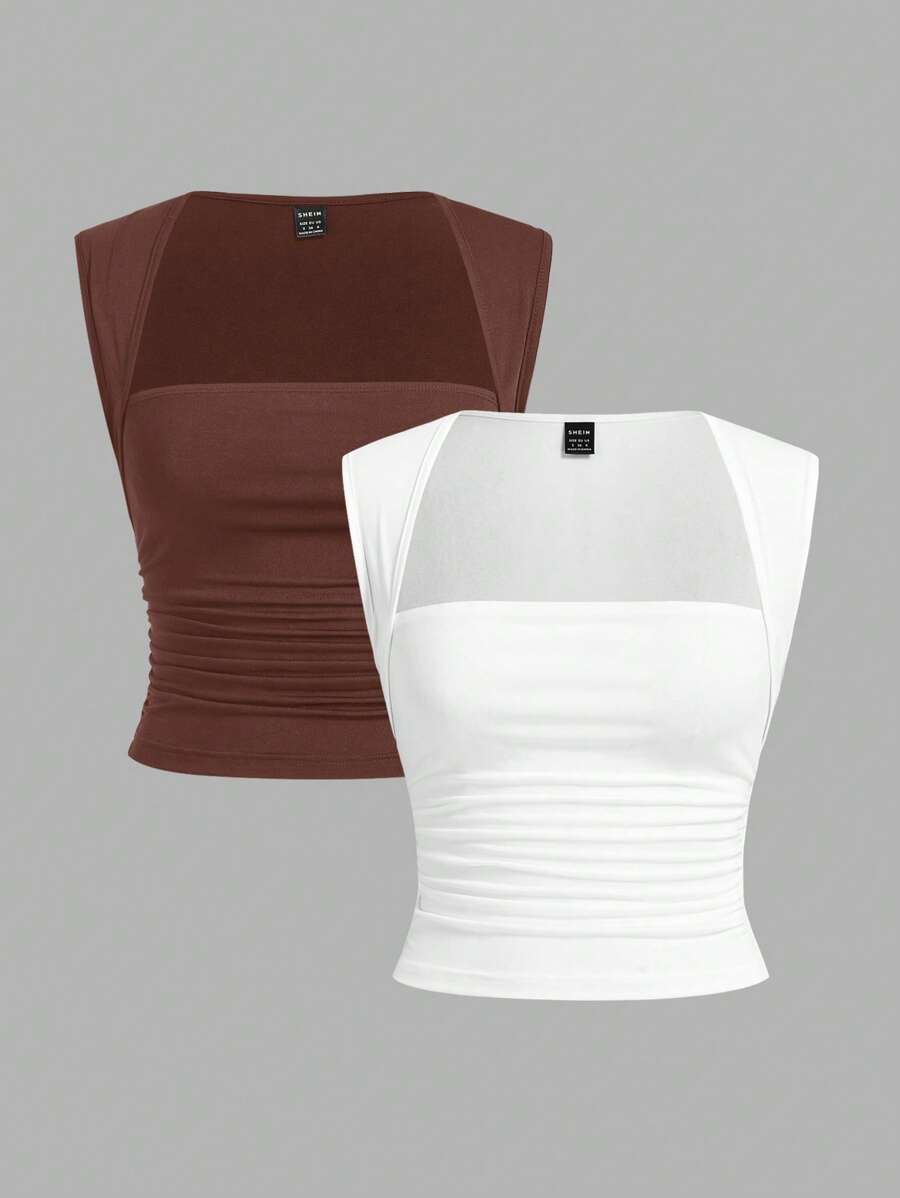 SHEIN EZwear Two-Piece Set Brown & White Women's Basic Knitted Tank Top - White - View 1
