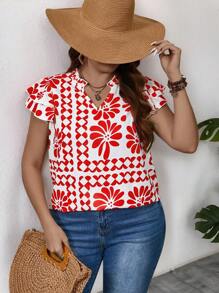 SHEIN LUNE بلوزة كاجوال بأكمام قصيرة للنساء ، أنيقة للاستخدام في العطلات والارتداء اليومي - الأحمر - مشاهدة 5
