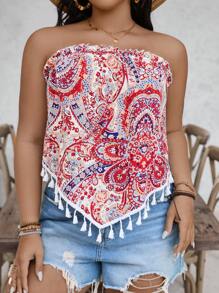 SHEIN VCAY Plus Paisley Print Tassel Trim Bandana Hem Tube Summer Top, Letnie Stroje Dla Kobiet