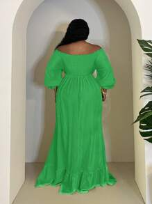 Veslaya Plus Size Spring/Summer Vacation Solid Color Sleeveless A-Line Dress With Off Shoulder, Ruffle Trim & High Slit, Casual Versatile - Green - View 2