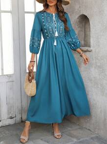 EMERY ROSE Women's Solid Color Lace-Up Front Long Sleeve Casual Long Dress