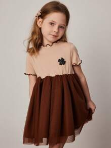 PrepCrw Vestido de malha patchwork de manga curta de malha damasco para meninas, primavera/verão - Caqui - Ver 2