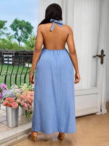 SHEIN SXY Plus Size Back Tie Ruched Sleeveless Casual Denim Sexy Dress Plus Size Summer Dresses Vacation Summer Outfit - Blue - View 2