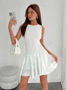 SHEIN Cottnline Women's O-Neck Knitted Patchwork Summer Dress Hem Dress Ruffle - White - View 1