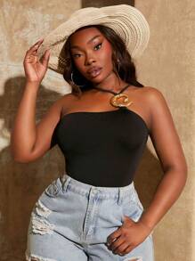 SHEIN SXY Plus Size Solid Color Minimalist Fashionable Bodysuit, Suitable For Summer - Black - View 6