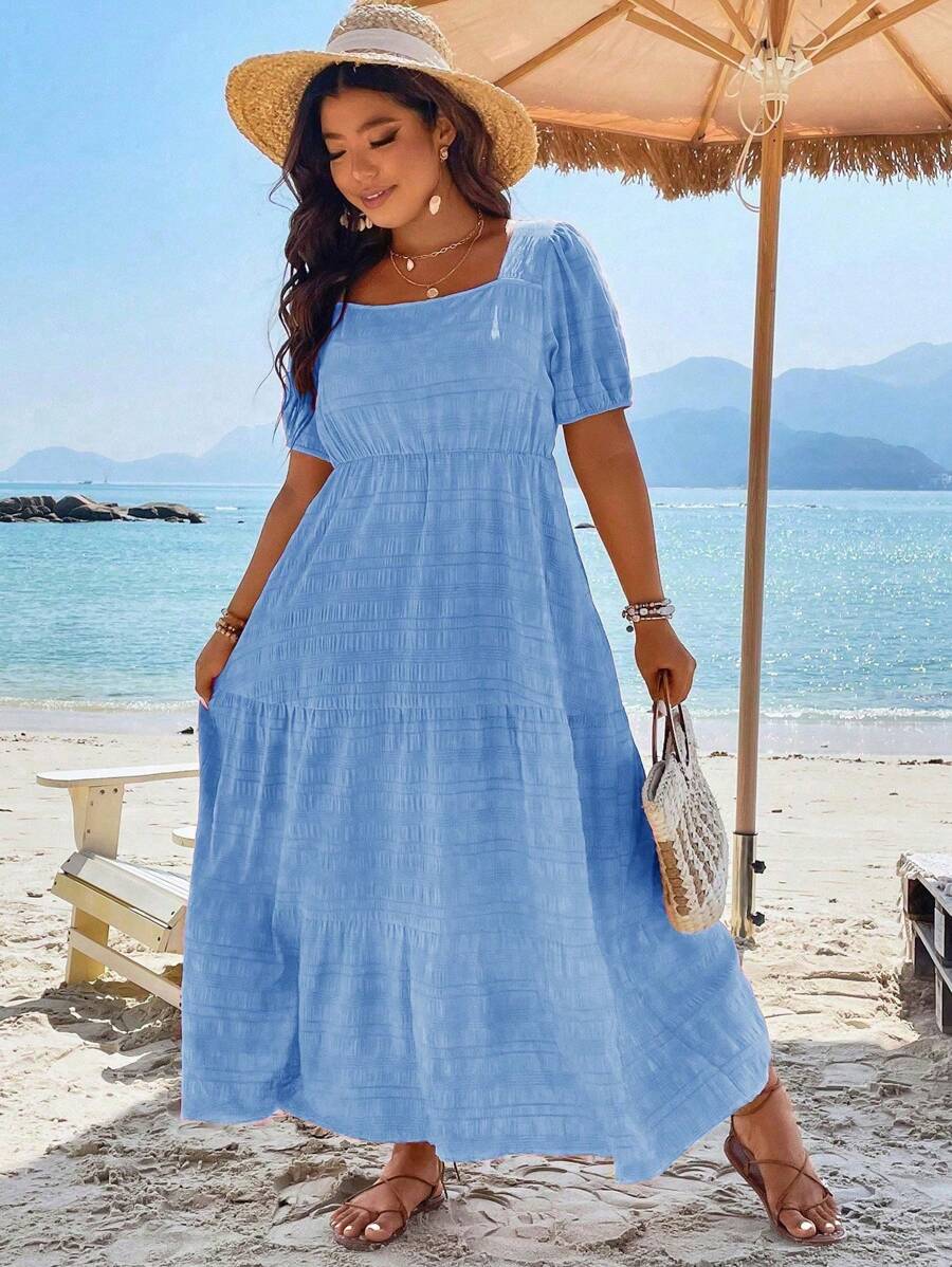SHEIN Clasi Plus Square Neck Puff Sleeve Ruffle Hem Dress Maxi Women Outfit - Blue - View 1