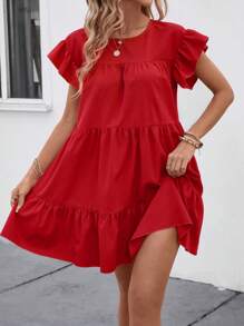 SHEIN LUNE Đầm babydoll rộng rãi cổ tròn màu trơn mùa hè cho nữ có viền bèo nhún trang phục đi biển - Đỏ - Xem 4