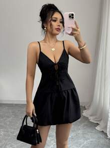 Chiquease Set de 2 piezas de camisola y shorts en unicolor informal, para el verano - Negro - Ver 7