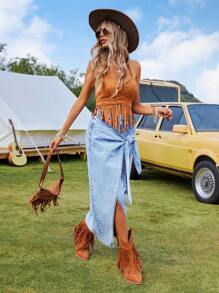 Breezaya 女士休闲水洗抽绳裹身牛仔半身裙