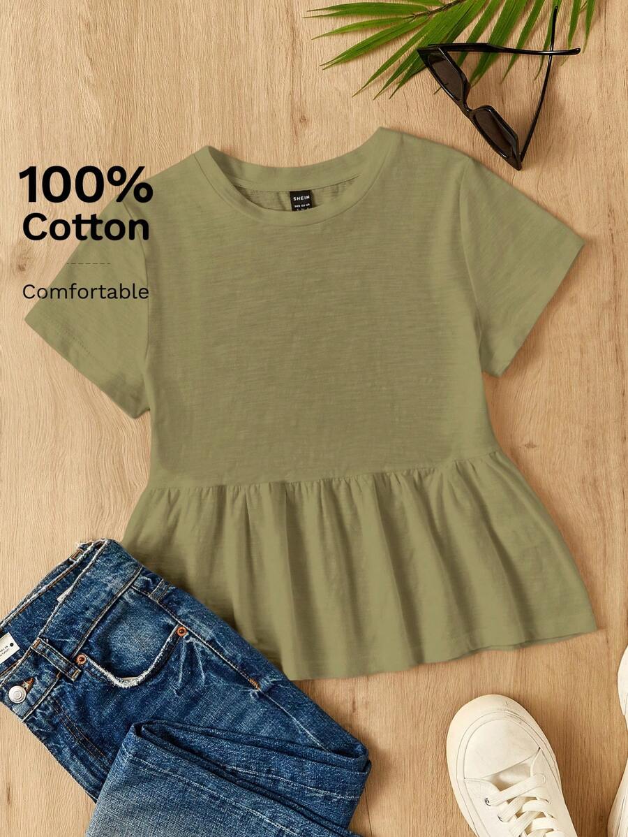SHEIN EZwear Light Army Green Ruffled Hem Short Sleeve Knit T-Shirt For Women - Olive Green - View 1