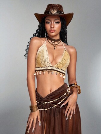Hippie Top en bikini tricoté au crochet pour femmes, convient pour les festivals de musique et les stations balnéaires