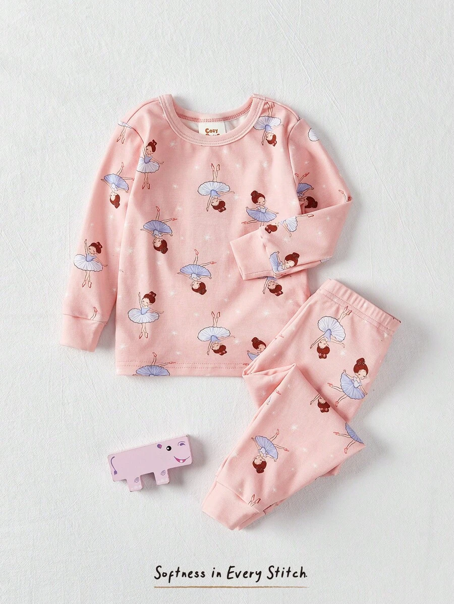 Cozy Pixies 女婴舒适睡衣套装 - 卡通印花长袖圆领套头衫和松紧腰修身裤
