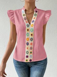 SHEIN LUNE Dames casual blouse met bloemenpatroon, V-hals en kapmouwtjes
