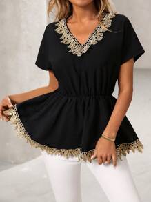 SHEIN Unity Women's Cinched Waist Casual Vacation Golden Lace Trim Blouse - Black - View 4