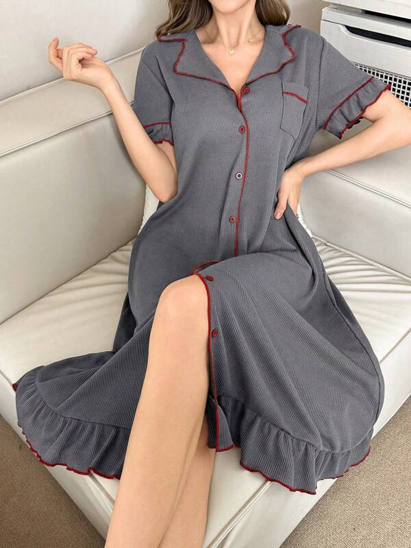 Lazeform Contrast Color Collar Single-Breasted Loose Ruffled Hem Short Sleeve Casual Dress For Women