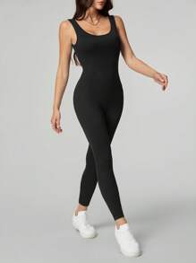 SHEIN Tall 女款純色圓領露背無袖連身褲，黑色衣著，適合高個女性 - 黑色 - 查看 1