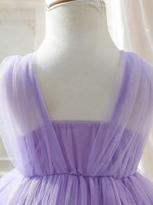 Baby Girls' Dreamy Purple 3D Floral Mesh Strap Party Dress, Suitable For Outing, Performance, Banquets And More Occasions - Purple - View 7