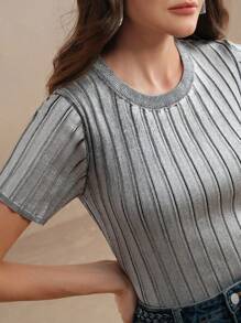 Anewsta 女士罗纹圆领金属涂层修身 T 恤上衣，节日外出，春夏 - 銀色 - 查看 6