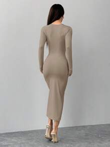 SHEIN PETITE 纯色褶皱腰黑色长袖连衣裙 - 卡其色 - 查看 2