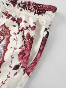 ROMWE MEN Street Life Men's Gothic Religious Casual Front Lace-Up Figure Print Shorts, Suitable For Leisure And Holiday - Apricot - View 3