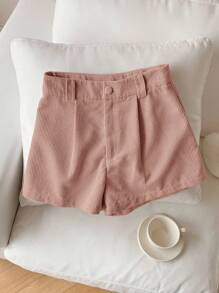 SHEIN EZwear Women's Solid Color Pleated Loose Casual Corduroy Shorts, New Style