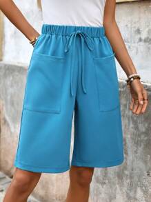 SHEIN LUNE Shorts de mujer casuales de unicolor, holgados, con cintura elástica, para verano - verde menta - Ver 5