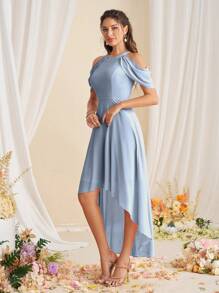 SHEIN Belle فستان وصيفة العروس ذو لون أحادي راقي مع فتحة على الكتف وهيم غير متماثل - أزرق فاتح اللون - مشاهدة 4