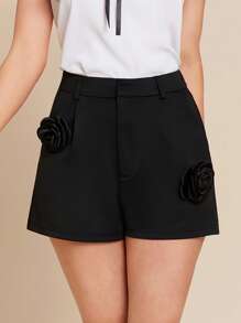 SHEIN Clasi Quần short ống rộng họa tiết hoa 3D màu đen thanh lịch dành cho nữ - màu đen - Xem 2