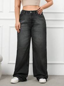 SHEIN Cottnline 100%Cotton Plus Size Belt Details Wide Leg Jeans - Black - View 4
