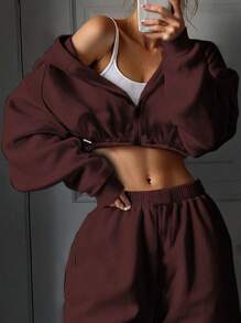INAWLY Bộ 2 áo crop top trùm đầu có khóa kéo trơn và quần cạp chun cho nữ - Màu Đỏ Sâu - Xem 3