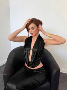 Aloruh Party & Prom Neck Tie Plunge Draped Neck Sexy Backless Tank Top + Low Waist Asymmetric Hem Long Skirt Set