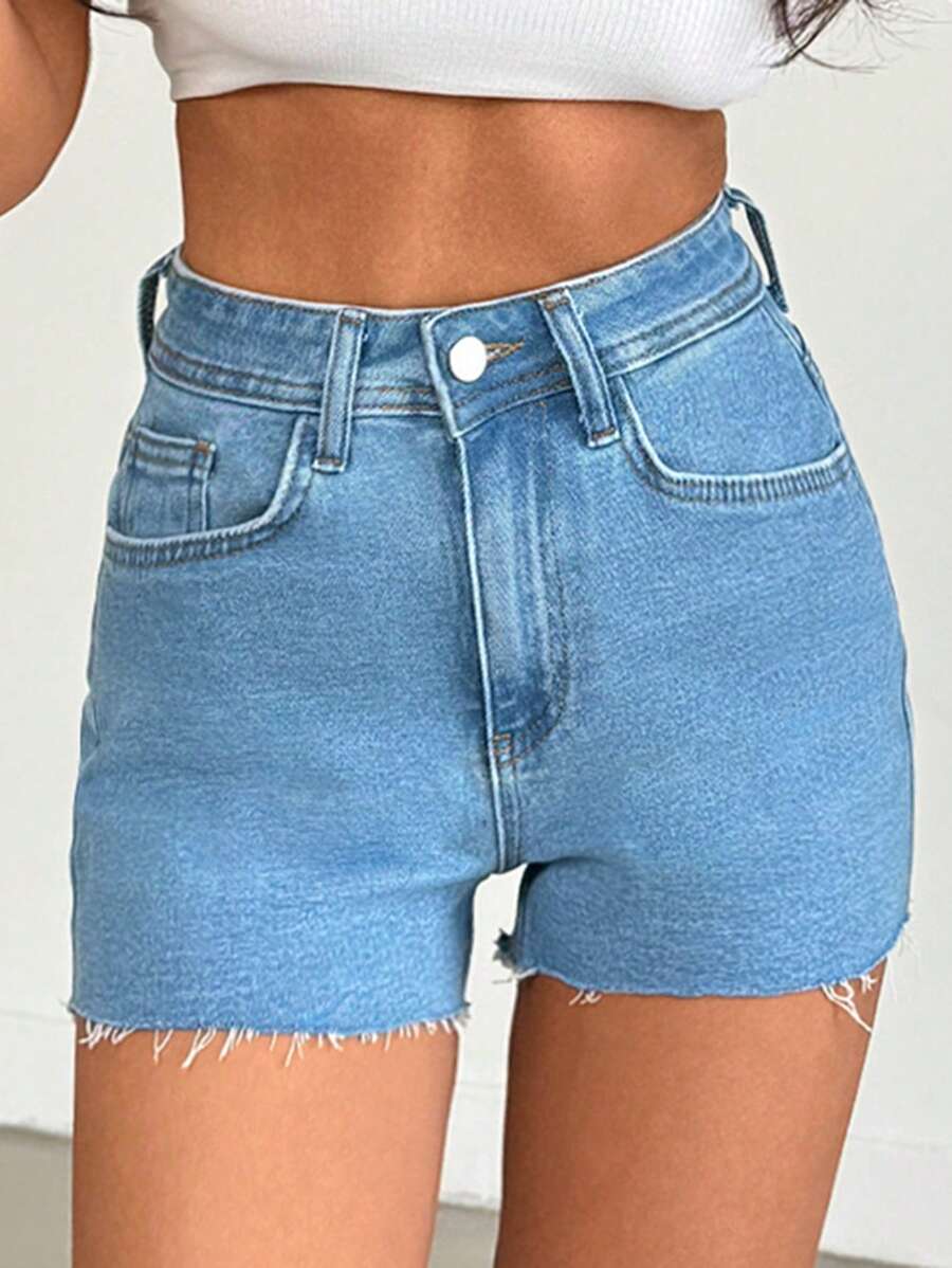 EURMUSE 女士口袋设计毛边休闲百搭牛仔短裤