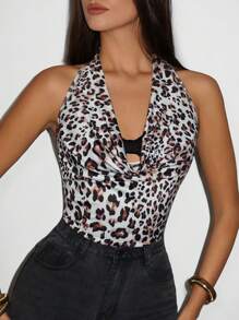 SHEIN Unity Leopard Print Plunge Neck Sexy Bow Bodysuit For Women - Multicolor - View 4