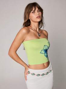 SHEIN Unity Vintage Blue Painterly Printed Tube Top, Fashionable Vacation Style For Women, Spring/Summer - Green - View 7