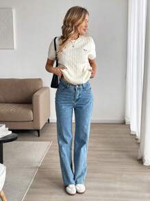 SHEIN LUNE Blusas holgadas de punto de manga corta con bordado, de color liso y casual, para uso diario en primavera y verano