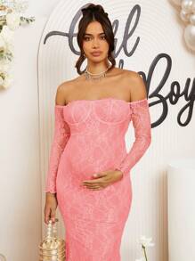 Loomaby Maternity Off Shoulder Long Sleeve Lace Fishtail Hem Elegant Fitted Dress, Baby Shower Dress - Pink - View 7