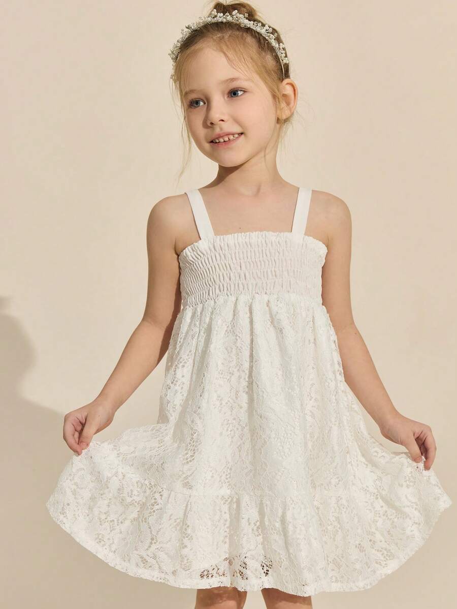 SHEIN Vestido elegante de encaje blanco para niñas, para la temporada de bodas - Blanco - Ver 1