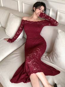 xheDAZY Vestido formal largo de mujer con encaje y parches, elegante, con volantes, vestido largo de manga larga y hombros descubiertos para otoñoxhe - Burdeos - Ver 6