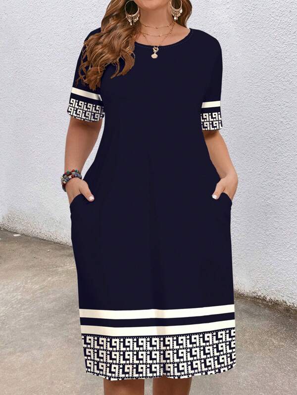 EMERY ROSE Rochie Casual cu Imprimare Geometrica Marimi Plus, Potrivita Pentru Vara
